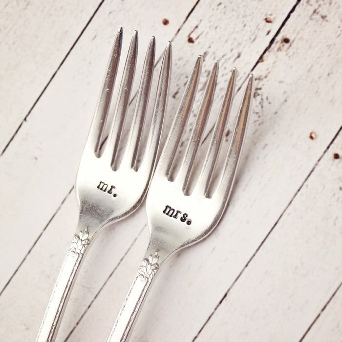 Mr. Mrs. Wedding Forks - Handstamped Set - Vintage Silver Plated Flat…