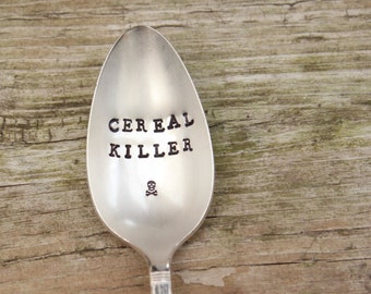 Cereal Killer Spoon - Skull and Crossbones - Vintage Hand Stamped - Antique Silver Plated - Gift Gifts for Him Stocking stuffer - Christmas