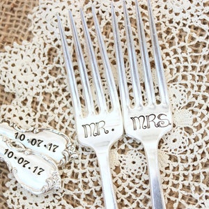 Custom Wedding Day Forks - Hand Stamped - Name Date - Mr. Mrs. - His Hers - Bride Groom - I Do Me Too - Mine Yours - Husband Wife - Gift box
