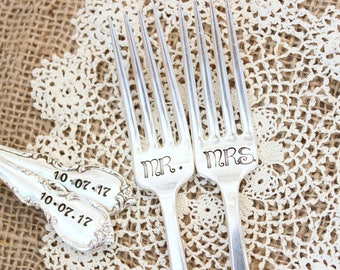 Custom Wedding Day Forks - Hand Stamped - Name Date - Mr. Mrs. - His Hers - Bride Groom - I Do Me Too - Mine Yours - Husband Wife - Gift box