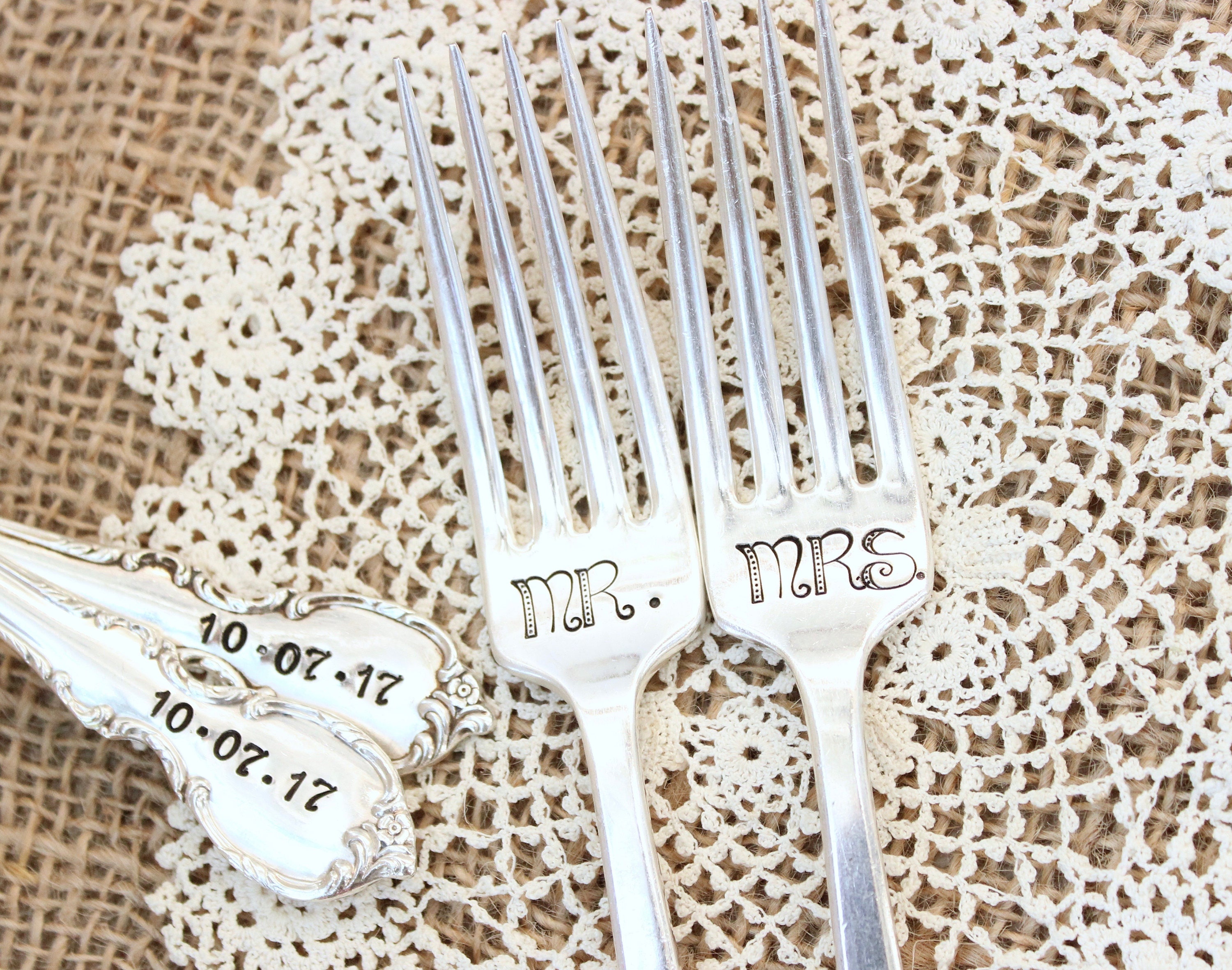 Custom Wedding Day Forks - Hand Stamped - Name Date - Mr. Mrs. - His …