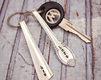 His and Hers Handle Key Chain Set - Vintage Silver Plated Spoon Fork - Hand Stamped - Keychain - Mr. Mrs. - Couples Gift - New Home Car