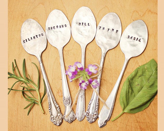 Plant Garden Herb Markers Spoon - Set of FIVE - Antique Silverplate - Hand Stamped - Mothers Day - Custom - Gardener Gift - Vintage - OOAK