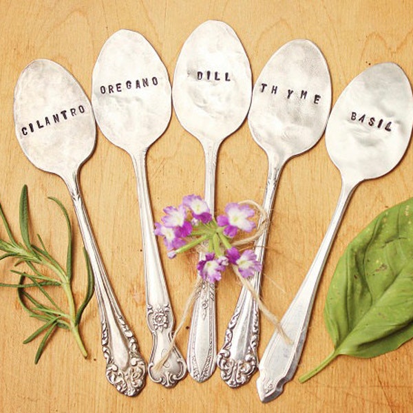 Garden Markers - Plant Herb Veggie Spoon - Set of FIVE 5 Vintage Silverplate Handstamped Sustainable Reusable Mother's Father's Day Gift