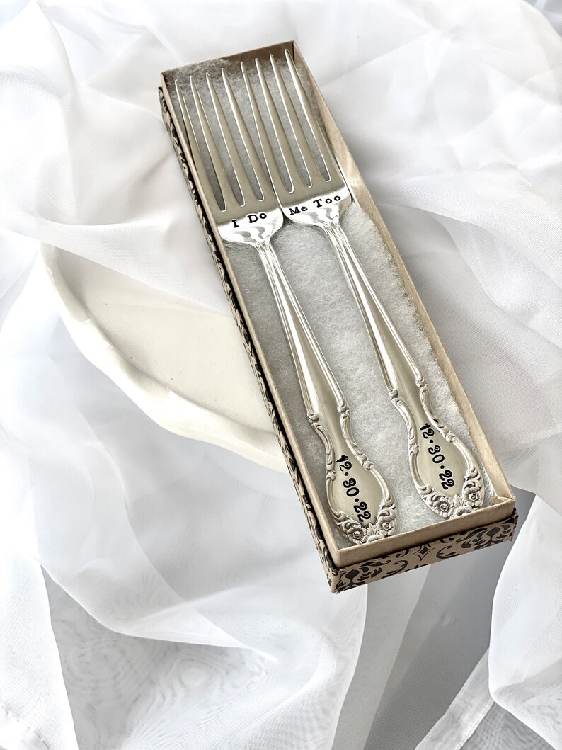 Custom Wedding Day Forks Hand Stamped Name Date Mr. Mrs. His Hers Bride Groom I Do Me Too Mine Yours Husband Wife Gift box image 7