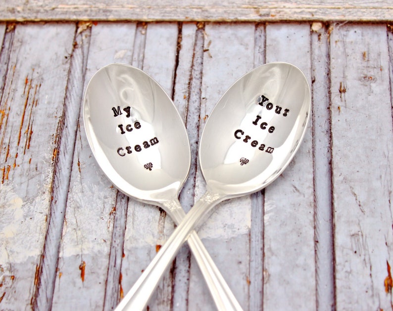 Ice Cream Spoon Set Pair Hand Stamped His Hers Mine My Your Dessert smoothie Vintage Silver Silverware Wedding Anniversary Gift image 1