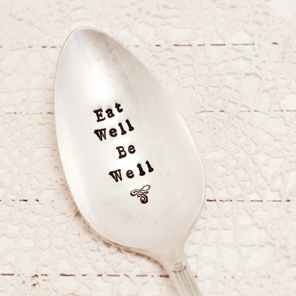 Eat Well Be Well Serving Spoon - Healthy Eating - Large Server - Veggie Spoon - Vintage Silver Plate - Hand Stamped Spoon - Hostess Gift