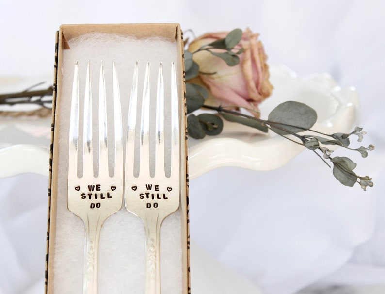 We Still Do Wedding Day Fork Set Cake Dinner Dessert Forks Custom Handstamped Name Date Keepsake Photo Prop Anniversary mr. mrs. image 1