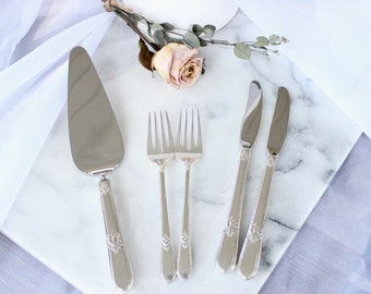Cake Fork Set with Matching Server and Knives Setting Mr Mrs Bride Groom Name Date Year - Adoration Silverplate 1940s - Wedding Gift Custom