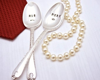 HIS and HERS Spoon Set - Handstamped Spoons Vintage Silverplate Mine Yours Mr. Mrs. Couples Gift Date Night Wedding Coffee Tea One of a kind