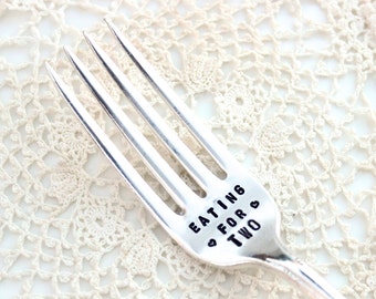 Eating for Two Fork - New Mom - Pregnancy Gift - Message Dessert Cake Dinner Spoon - Vintage Silver Plated - Handstamped - Mothers Day Gift