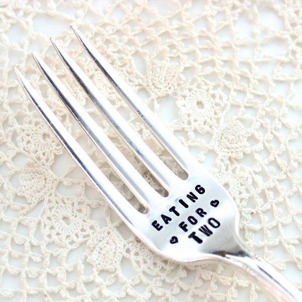 Eating for Two Fork - New Mom - Pregnancy Gift - Message Dessert Cake Dinner Spoon - Vintage Silver Plated - Handstamped - Mothers Day Gift