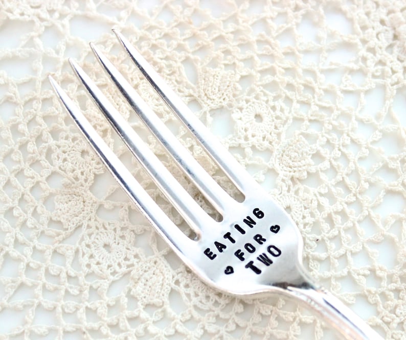 Pregnancy Gift Eating for Two Fork Vintage Silver Plated Mothers Day Gift Handstamped Message Dessert Cake Dinner Spoon New Mom