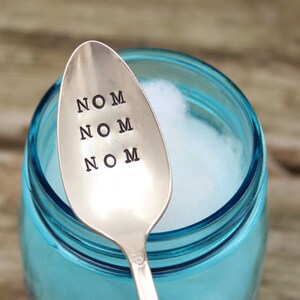 Nom Nom Nom Spoon - Ice Cream Dessert Cereal - Hand Stamped - Antique Silver Plated - Stocking Stuffer -