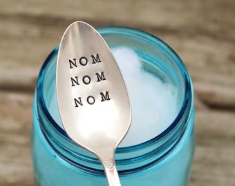 Nom Nom Nom Spoon - Ice Cream Dessert Cereal - Hand Stamped - Antique Silver Plated - Stocking Stuffer -