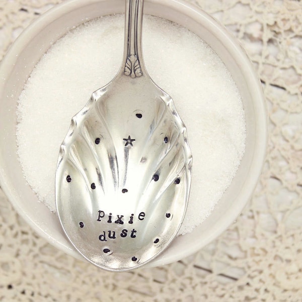 Pixie Dust Sugar Spoon - Vintage Silver Plated Silverware - Hand Stamped - Fairy Lover - Holiday Table