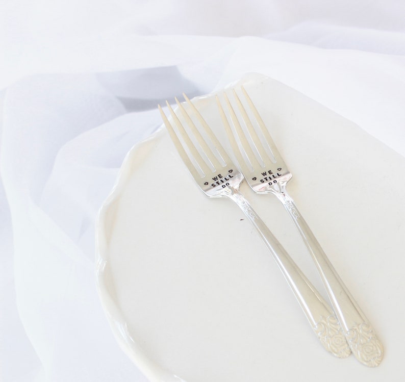 We Still Do Wedding Day Fork Set Cake Dinner Dessert Forks Custom Handstamped Name Date Keepsake Photo Prop Anniversary mr. mrs. image 3