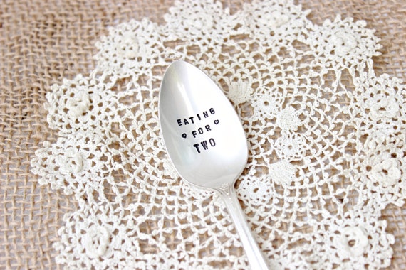Pregnancy Gift Eating for Two Fork Vintage Silver Plated Mothers Day Gift Handstamped Message Dessert Cake Dinner Spoon New Mom