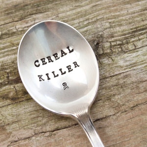 Cereal Killer Spoon - Skull Crossbones - Handstamped Stocking Stuffer - Gift for Dad Him Boyfriend Girlfriend Hard to find Christmas Funny