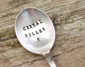 Cereal Killer Spoon - Skull Crossbones - Handstamped Stocking Stuffer - Gift for Dad Him Boyfriend Girlfriend Hard to find Christmas Funny