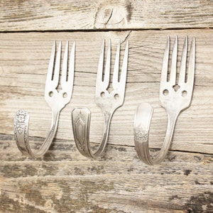 Fork Wall Hooks Hook Upcycled - Set of 3 Three - Vintage Fork Coat Hangers - Curtain Tie Back - Silver Plated Silverware - Shabby Chic