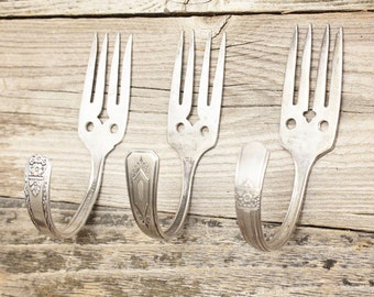 Fork Wall Hooks Hook Upcycled - Set of 3 Three - Vintage Fork Coat Hangers - Curtain Tie Back - Silver Plated Silverware - Shabby Chic