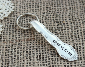 CUSTOM Name Spoon Handle Keychain - Hand Stamped - Vintage Silver Plated Handle - Christmas Stocking Stuffer - New Home Car Gift Him Her