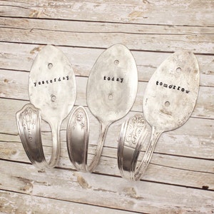 Large Spoon Hooks Hook - Yesterday Today Tomorrow - Hand Stamped - Hangers Curtain Tie Backs - Vintage Upcycled - Silver Plated Silverware