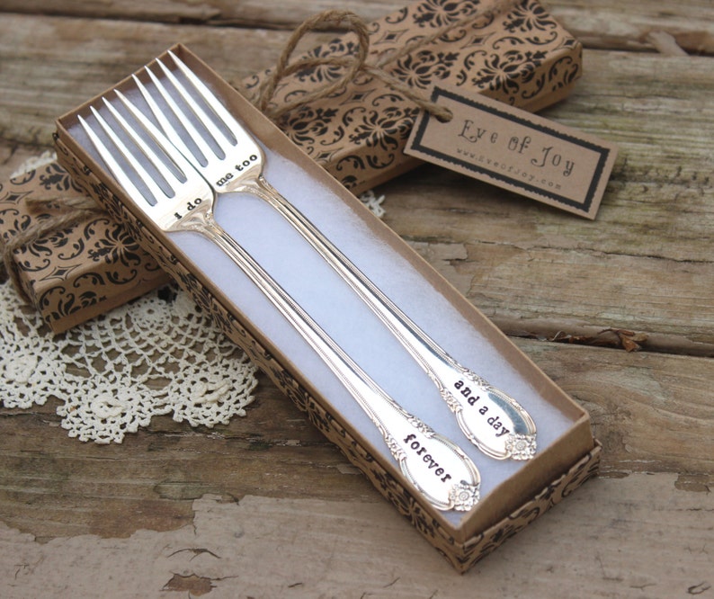 I do Me Too Forever and a Day Wedding Fork Set Cake Dinner Hand Stamped Vintage Silver Plated Flatware mr mrs image 5