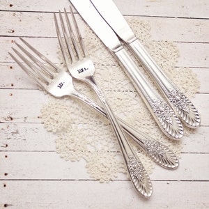 Wedding Fork and Knife Set - Matching Pair - Custom Hand Stamped - Mr. Mrs. - His Hers - Bride Groom I Do  Me Too  Mine Yours  Husband Wife