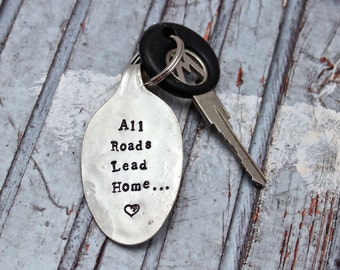 All Roads Lead Home Keychain - Vintage Silverplated Spoon - Going Away Gift for Him Her Grad - Travel College Long Distance Reminder