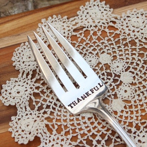 THANKFUL Serving Fork Server - Thanksgiving Vintage Silver Meat Plate - Hand Stamped  -Christmas Kitchen Decor - Hostess Gift - Holidays