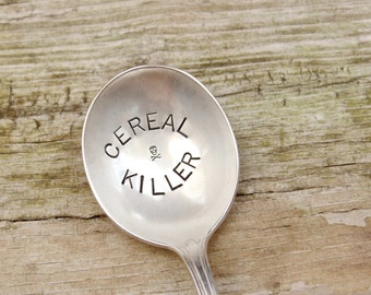 Hand Stamped Cereal Killer Spoon - Skull & Crossbones, Vintage Silver
