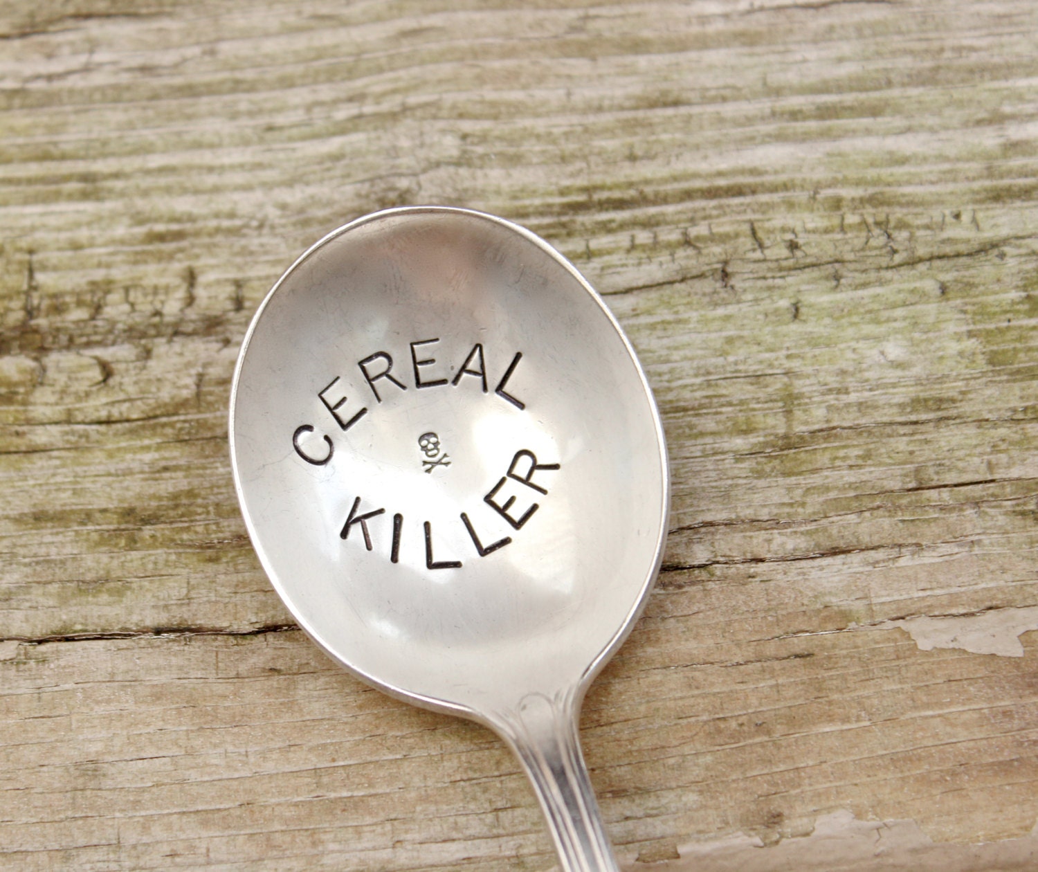 Hand Stamped Spoon Cereal Killer - Skull Crossbones - Vintage Antique…