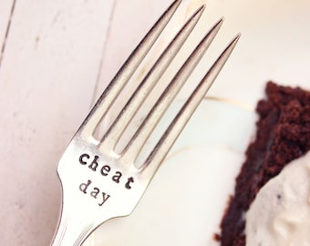 Cheat Day Diet Fork - Vintage Silver Plate - Hand Stamped - Fun Gift - Cake Fork - humorous gift - hangry - healthy eating