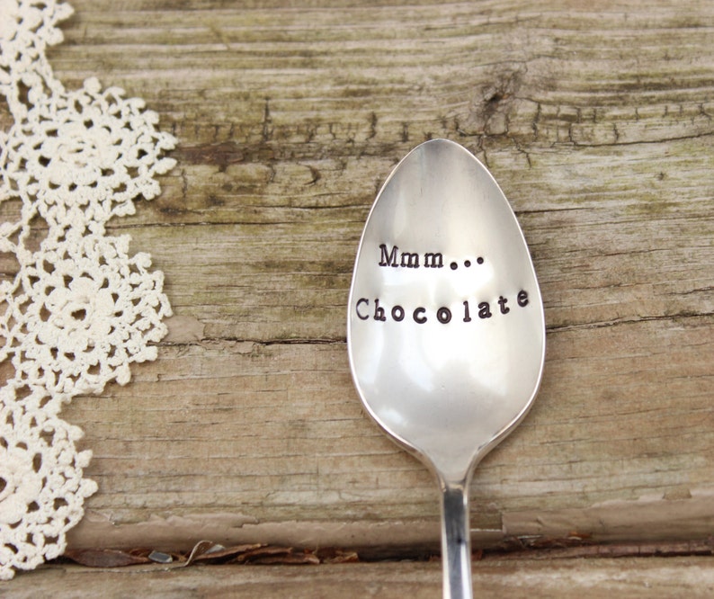 Mmm Chocolate Spoon Message Hot Cocoa Hand Stamped Ice Cream Lover Stir Stick Vintage Silverware Gift Stocking stuffer image 1
