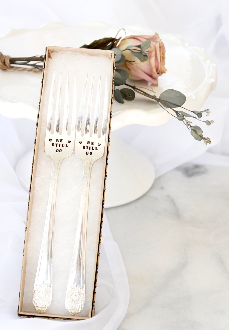 We Still Do Wedding Day Fork Set Cake Dinner Dessert Forks Custom Handstamped Name Date Keepsake Photo Prop Anniversary mr. mrs. image 2