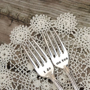 I do Me Too Forever and a Day Wedding Fork Set Cake Dinner Hand Stamped Vintage Silver Plated Flatware mr mrs image 3