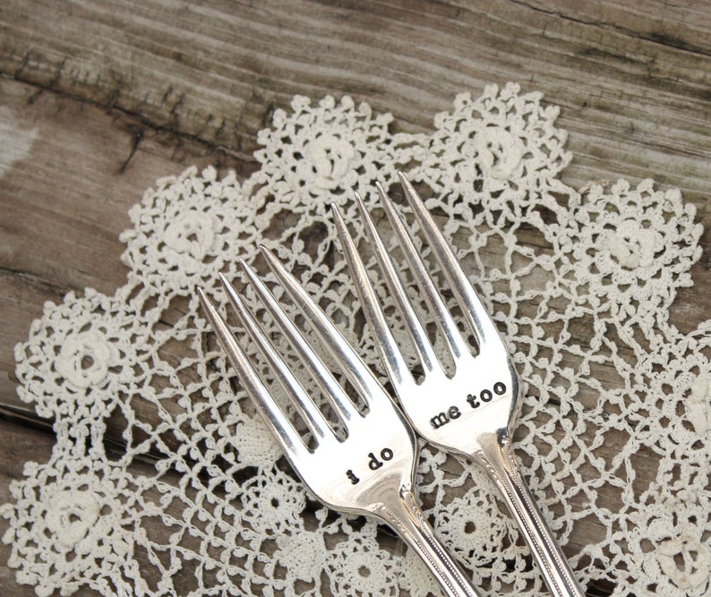 I do Me Too Forever and a Day Wedding Fork Set Cake Dinner Hand Stamped Vintage Silver Plated Flatware mr mrs image 3