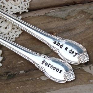I do Me Too Forever and a Day Wedding Fork Set Cake Dinner Hand Stamped Vintage Silver Plated Flatware mr mrs image 4
