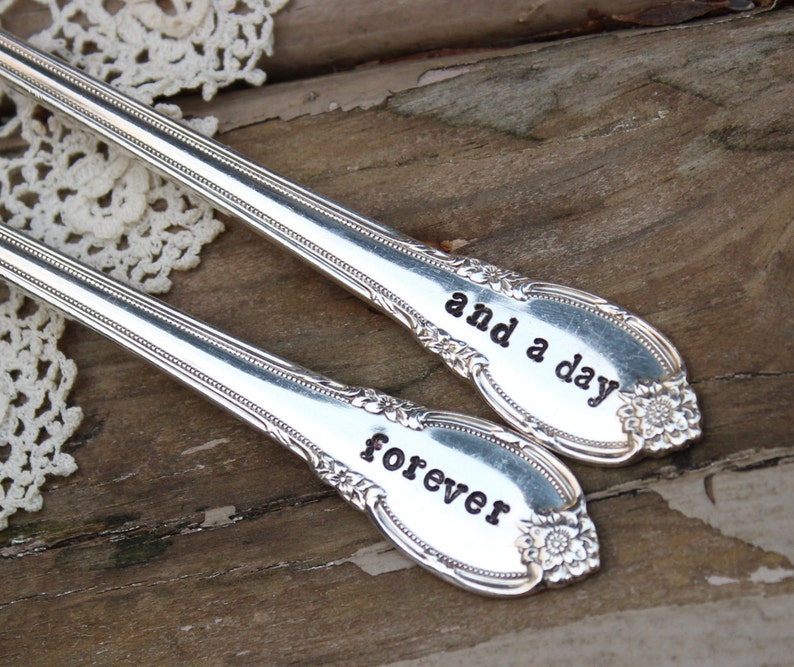 I do Me Too Forever and a Day Wedding Fork Set Cake Dinner Hand Stamped Vintage Silver Plated Flatware mr mrs image 4