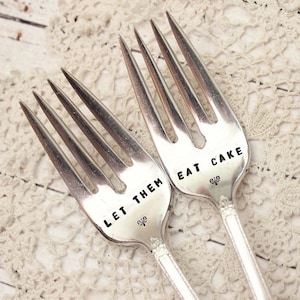 Let Them Eat Cake Wedding Forks Fork Set- Hand Stamped - Vintage Silver Flatware - Reception Table Silverware Bridal Gift Keepsake Gift Box