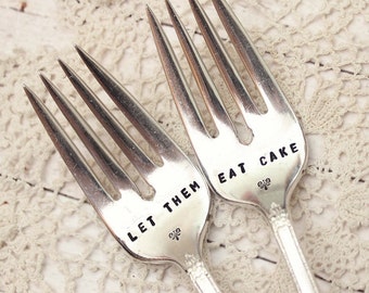 Let Them Eat Cake Wedding Forks Fork Set- Hand Stamped - Vintage Silver Flatware - Reception Table Silverware Bridal Gift Keepsake Gift Box