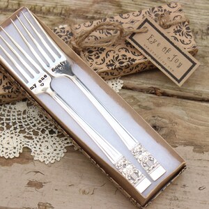 Let Them Eat Cake Wedding Forks Fork Set Hand Stamped Vintage Silver Flatware Reception Table Silverware Bridal Gift Keepsake Gift Box image 3