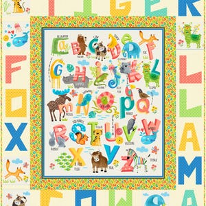 May include: A colorful alphabet quilt featuring various animals and the letters of the alphabet. The quilt has a cream background with a border of colorful letters and animals. Each letter is paired with an animal, such as "A" for alligator and "Z" for zebra.