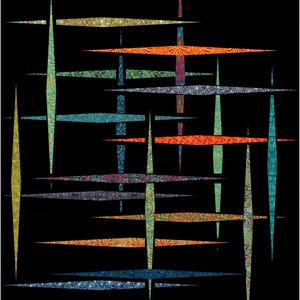 May include: Abstract geometric art print on a black background. The design features intersecting lines and shapes in various colors and patterns, including gold, orange, teal, and blue. The artwork has a mid-century modern aesthetic.
