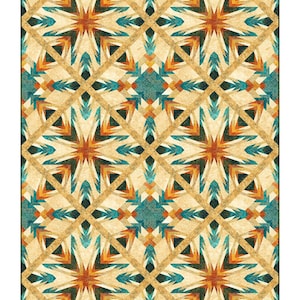 Może przedstawiać: Dywan z geometrycznym wzorem na kremowym tle z akcentami turkusowymi, pomarańczowymi i brązowymi. Wzór składa się z powtarzających się kształtów, które tworzą symetryczny wzór.