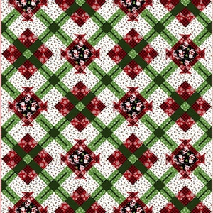 May include: A red and green plaid quilt with a repeating pattern of Santa Claus figures. The quilt is made up of squares with a white background and a red and green plaid pattern. The Santa Claus figures are in the center of each square and are surrounded by a white border.
