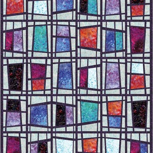 May include: A colorful quilt with a geometric design. The quilt features a grid of rectangular and trapezoidal shapes in various colors, including red, blue, purple, and teal. The shapes are outlined with dark purple lines.