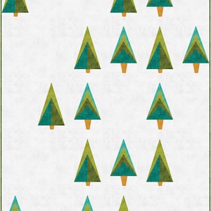 Może przedstawiać: Powtarzający się wzór stylizowanych drzew iglastych w odcieniach zieleni i turkusu, z brązowymi pniami, na tle teksturowanego białego tła. Drzewa ułożone są w rzędach i kolumnach, tworząc symetryczny wzór.
